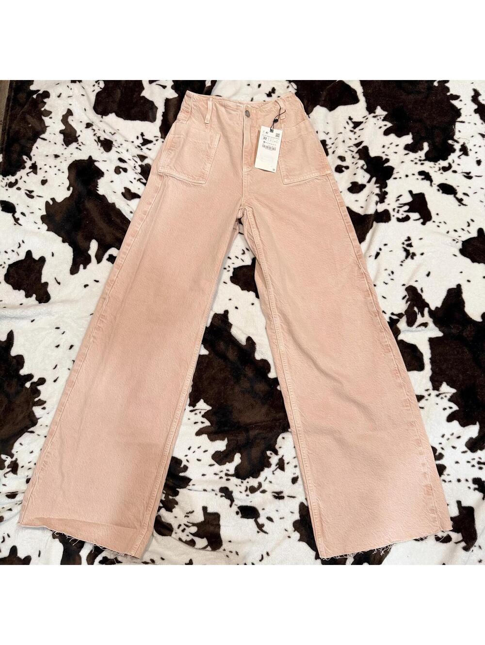 Zara NWT Pink Wide Leg Carpenter Jeans High Rise Utility Pants Size 0